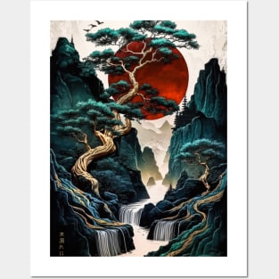 Japan red moon tree Komorebi Posters and Art